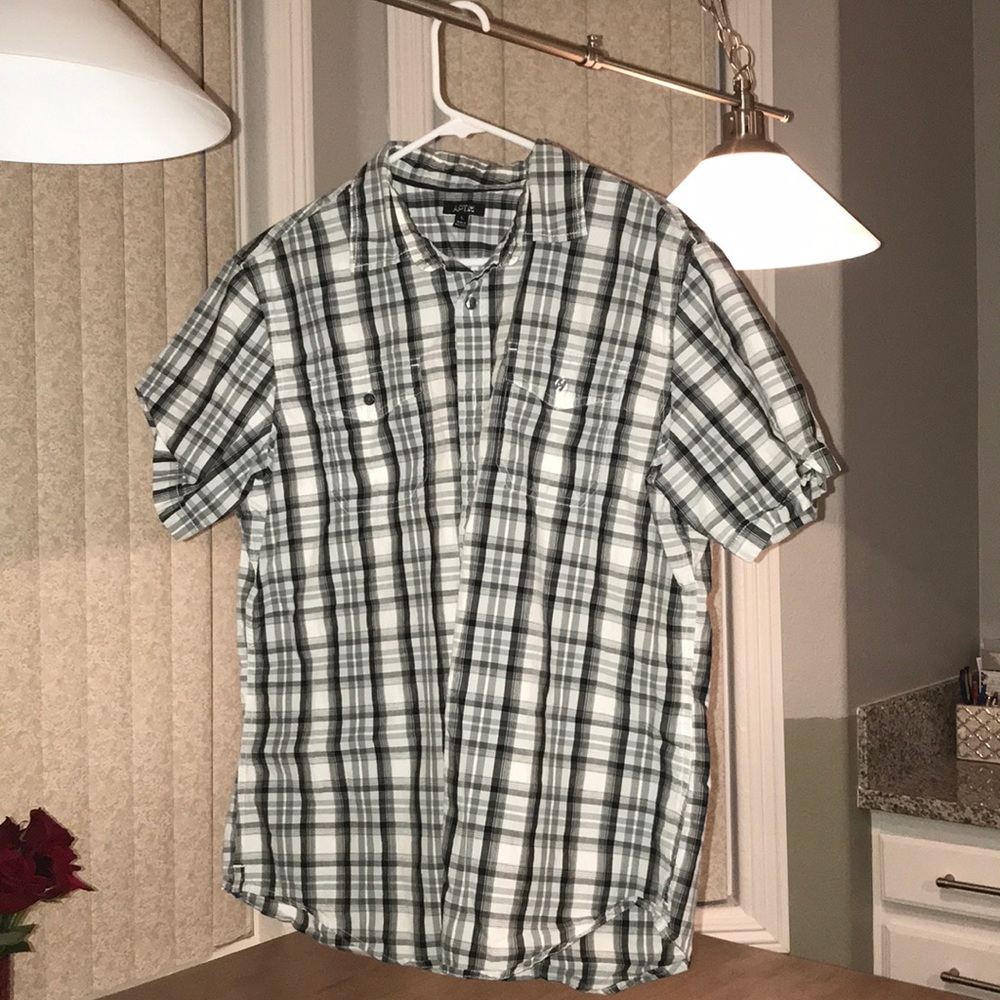 Black gray and white plaid short sleeve shirt